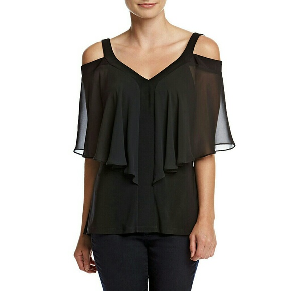 MSK Cold-shoulder Flutter Sleeve Black Top Blouse - Picture 2 of 5